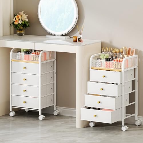 SWTYMIKI Rolling Makeup Organizer Cart - 14.96″*11.81″*27.55″ Widened Under Desk Vanity Storage with 4 Non-woven Drawers, Cosmetic Display Cases for Skin Care Perfume Nail Polish Brush Hair Tool White - color: White, size: XL 5-Tier