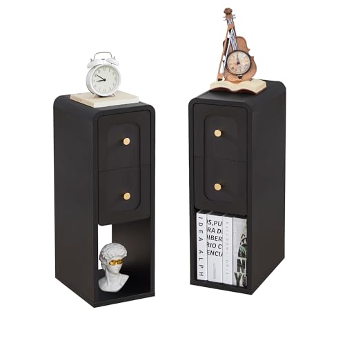 Small Nightstand Set of 2, Wooden Narrow Nightstands with 2 Drawers, Vintage Side End Table for Small Spaces, Skinny Night Stand, Bedside Table for Bedroom, Living Room (Black-2PCS) - color: Black-2pcs, size: 2 Drawers