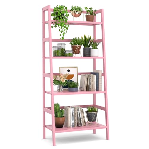 Homykic Bamboo Ladder Bookshelf, 4-Tier Ladder Shelf Open Book Shelf Freestanding Bookcase Bathroom Storage Rack Plant Stand for Living Room, Bedroom, Office, Easy Assembly, Pink - color: Pink