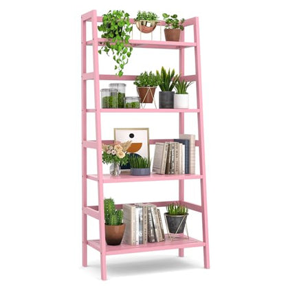 Homykic Bamboo Ladder Bookshelf, 4-Tier Ladder Shelf Open Book Shelf Freestanding Bookcase Bathroom Storage Rack Plant Stand for Living Room, Bedroom, Office, Easy Assembly, Pink - color: Pink