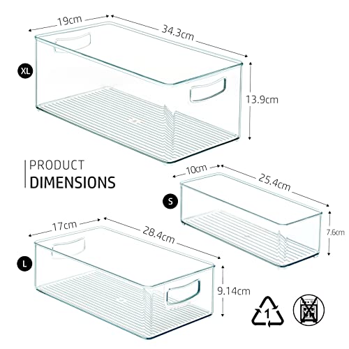 Hudgan 8 PACK Stackable Pantry Organizer Bins (3 Size) - Clear Fridge Organizer for Kitchen, Freezer, Refrigerator, Cabinet - Plastic Storage Container with Handle for Home - size: 2 XL + 2 L + 4 S