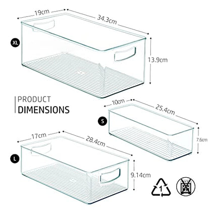 Hudgan 8 PACK Stackable Pantry Organizer Bins (3 Size) - Clear Fridge Organizer for Kitchen, Freezer, Refrigerator, Cabinet - Plastic Storage Container with Handle for Home - size: 2 XL + 2 L + 4 S