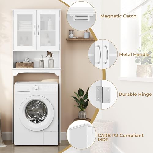 Yaheetech Over The Toilet Storage Cabinet with Double Tempered Glass Doors and Adjustable Shelf, Freestanding Bathroom Storage Rack, 66 Inches Height - color: White