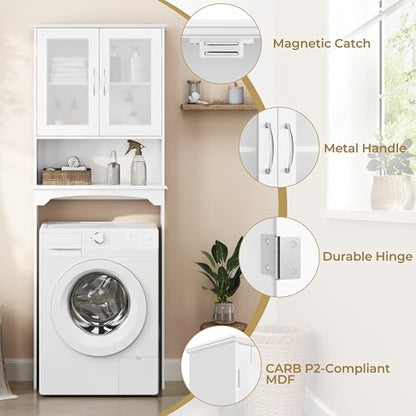 Yaheetech Over The Toilet Storage Cabinet with Double Tempered Glass Doors and Adjustable Shelf, Freestanding Bathroom Storage Rack, 66 Inches Height - color: White