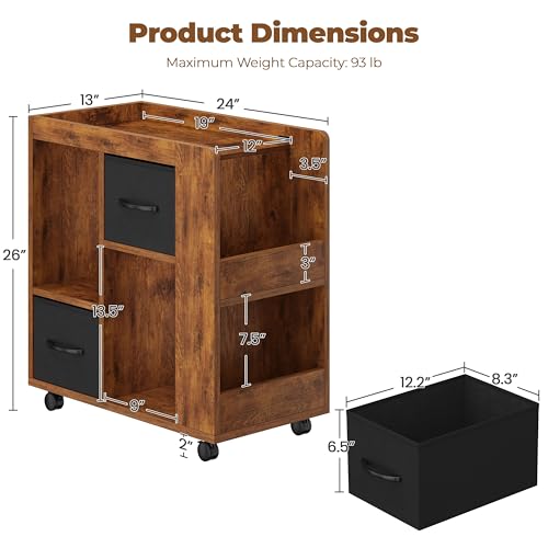 Yaheetech Narrow Side Table with Storage, Wooden Rolling Nightstand Bedside Table with Wheels, Magazine Racks and Open Shelves, End Table with Drawers for Living Room Bedroom, Rustic Brown - color: Rustic Brown
