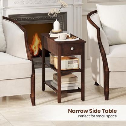 Giantex Narrow End Table Set of 2, Farmhouse Side Tables with Drawer & Storage Shelves, Wood Sofa Side Tables, 3-Tier Nightstands for Small Space, Living Room, Bedroom, 23.5"L x 12"W x 24.5"H, Walnut - color: Walnut