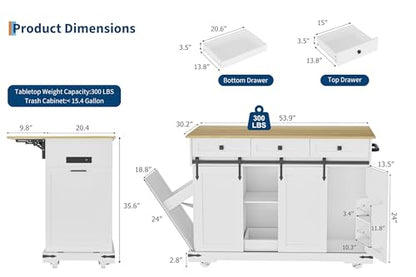 Garvee 54" Kitchen Island with Drop Leaf & Power Outlet | Large Rolling Cart with Trash Cabinet, 2 Sliding Barn Doors, 3 Drawers Mobile Island Table, Spice Rack & Towel Rack, White - color: White & Oak