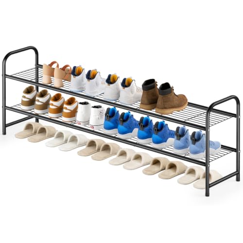 KEETDY 2-Tier Long Shoe Rack for Closet Metal Shoe Organizer for Entryway, Wide Stackable Shoe Storage Shelf with Sturdy Wire Grid for Closet Floor, Bedroom, Black - color: Black, size: 11.4x43x18.8