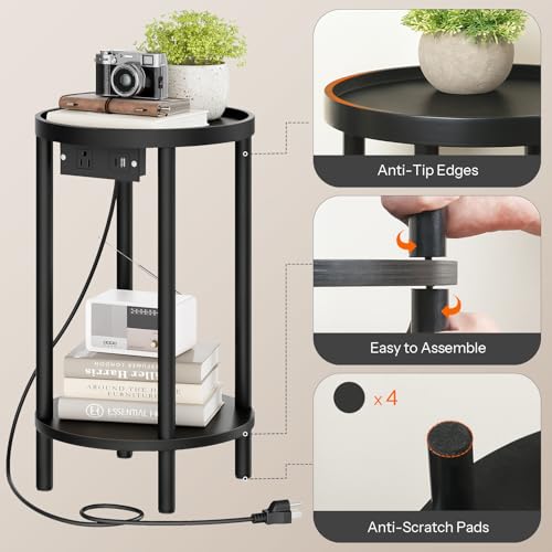 HOOBRO Set of 2 Small Round Side Tables with Charging Station, 2-Tier Round Bamboo End Tables, Easy Assembly, for Living Room, Bedroom, Apartment, Black BB156UBZP201 - color: Black
