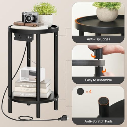 HOOBRO Set of 2 Small Round Side Tables with Charging Station, 2-Tier Round Bamboo End Tables, Easy Assembly, for Living Room, Bedroom, Apartment, Black BB156UBZP201 - color: Black