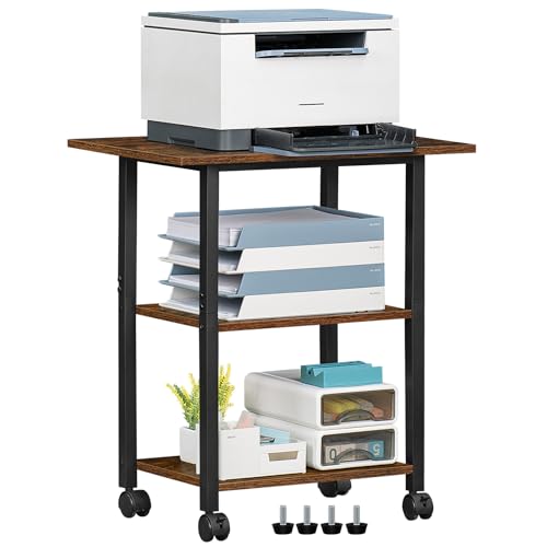 Lerliuo 3-Tier Printer Stand, Industrial Rolling Printer Table with Storage | Rustic Brown Mobile Printer Cart Holder for Home Office, Lockable Wheels, Open Storage Shelf, Metal frame - color: Brown, size: 3-Tier