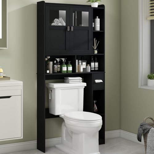 Vabches Over The Toilet Storage Cabinet with Doors and Shelves, Black | Freestanding Home Space Save Toilet Rack, with Adjustable Shelves for Restroom, Bathroom, Laundry - color: Black, size: W31.69''