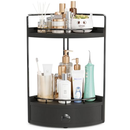 2-Tier Corner Bathroom Counter Organizer with Drawer, Black | Embedded Screw Holes, Wooden Countertop Organizers, Space-Saving, Bottom Ventilation Design, Counter Shelf for Vanity - color: Black