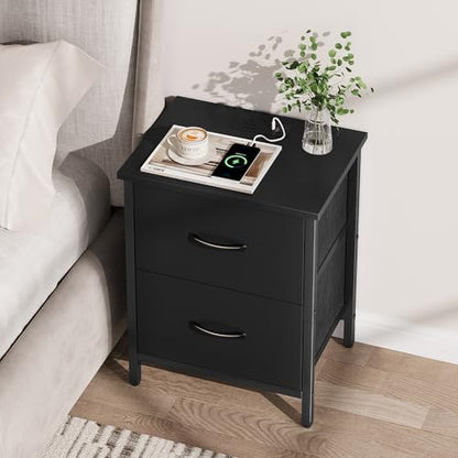 Vagusicc Nightstand Set of 2 with Charging Station, End Table Bedside Table with Power Outlet & USB Ports, Side Table with 2 Fabric Drawers for Bedroom, Living Room, Black - color: Black (2 Pack)