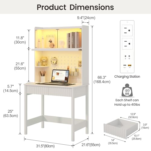 Lvifur 31.5" Small Study Desk with - Glass Doors,Computer Desk w/Charging Station and LED Reading Lights,Compact Writing Desk with Drawers,Writing Home Office Desks for Small Spaces Bedroom,White - color: White-a