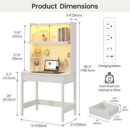 Lvifur 31.5" Small Study Desk with - Glass Doors,Computer Desk w/Charging Station and LED Reading Lights,Compact Writing Desk with Drawers,Writing Home Office Desks for Small Spaces Bedroom,White - color: White-a