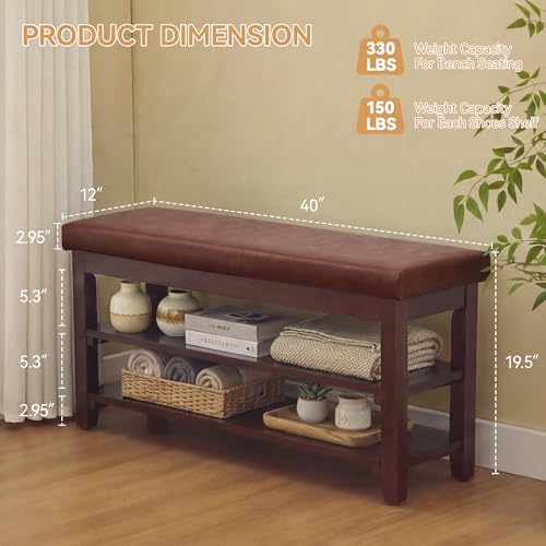 40" Faux Leather Shoe Storage Bench Entryway, Upholstered Bench with Leather Cushion, Solid Wooden 2 Tier Rack Shoe Organizer for Entry Way, Bedroom, Living Room, Dark Brown - color: Dark Brown