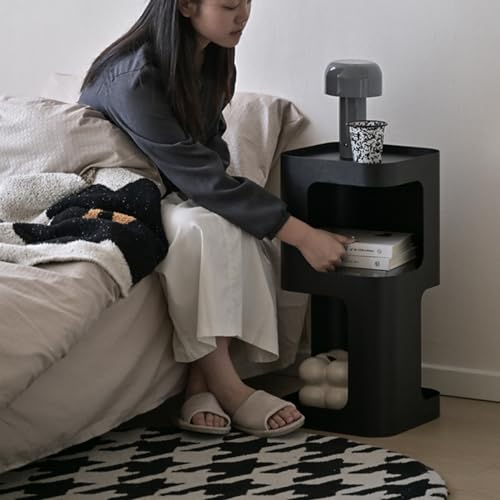 Modern Side Table, Small End Table for Small Spaces, Metal Nightstand with Storage Shelf, Space-Saving Bedside Table Accent Table Drink Tables for Living Room, Bedroom, No Assembly Required - color: Black Trumpet