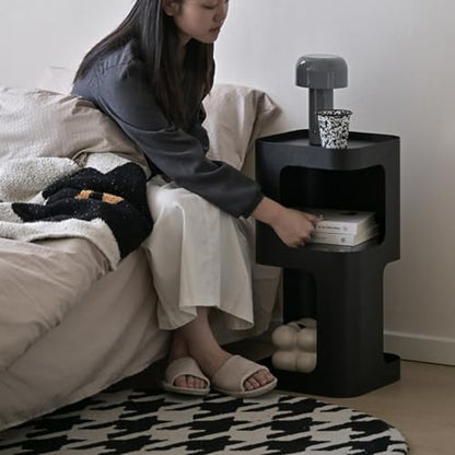 Modern Side Table, Small End Table for Small Spaces, Metal Nightstand with Storage Shelf, Space-Saving Bedside Table Accent Table Drink Tables for Living Room, Bedroom, No Assembly Required - color: Black Trumpet