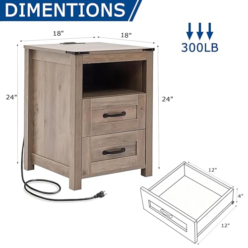 Farmhouse Night Stand Set of 2, Rustic Sierra Nightstand for Bedroom, End Tables with Charging Station, Bedside Table with Drawers, Wood Bedside Cabinet Dresser - color: Sierra, size: 2pcs with Charging
