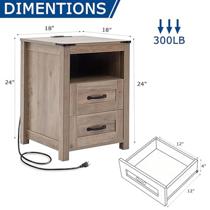Farmhouse Night Stand Set of 2, Rustic Sierra Nightstand for Bedroom, End Tables with Charging Station, Bedside Table with Drawers, Wood Bedside Cabinet Dresser - color: Sierra, size: 2pcs with Charging