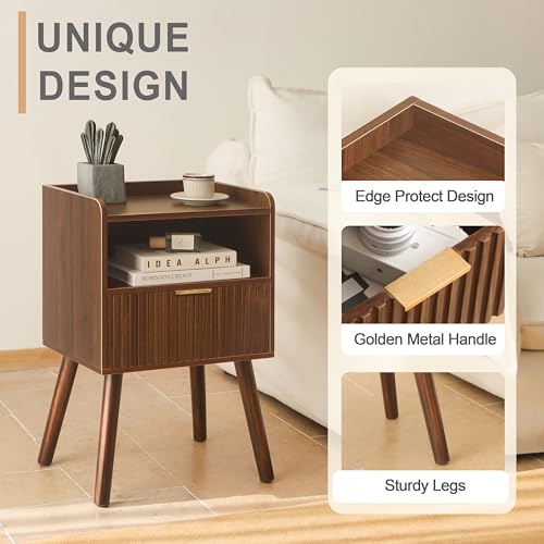 Night Stand, Mid Century Modern Nightstand with Fluted Drawers and Open Shelf, Small Accent Bedside Table for Bedroom, Living Room, and Small Spaces (Walnut Brown) - color: Walnut Brown