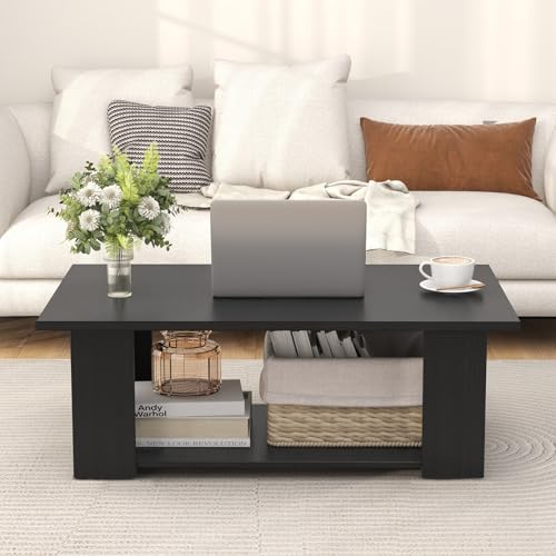 POWERSTONE 41 Inch 2-Tier Coffee Table with Storage Shelf, Wood Farmhouse Center Table with L Legs & Extra Bottom Support for Living Room, Black - color: Black