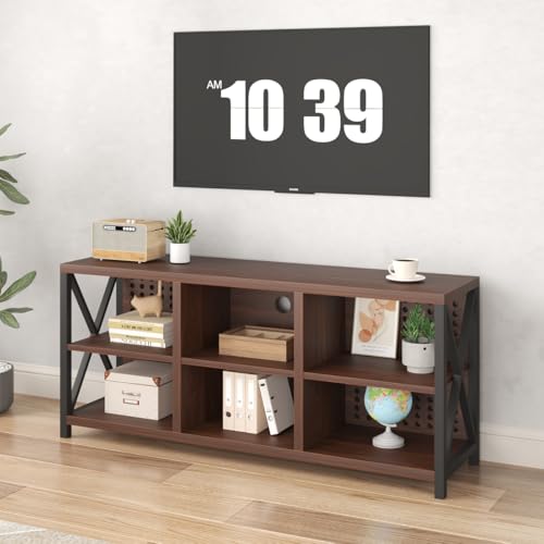 LVB Walnut TV Stand for 65 Inch TV, Industrial Wood and Metal Entertainment Center with Storage Shelf, Modern Television Media Console Table with Cabinet for Living Room Bedroom, Walnut, 55in - color: Walnut