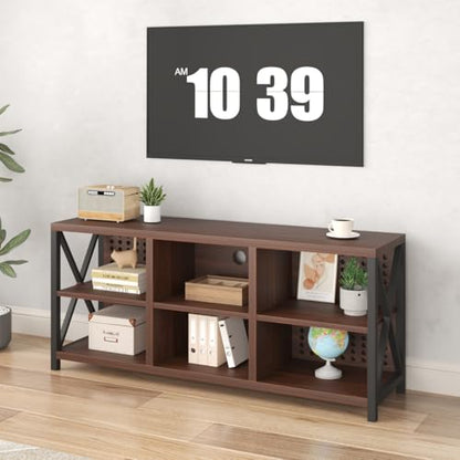 LVB Walnut TV Stand for 65 Inch TV, Industrial Wood and Metal Entertainment Center with Storage Shelf, Modern Television Media Console Table with Cabinet for Living Room Bedroom, Walnut, 55in - color: Walnut