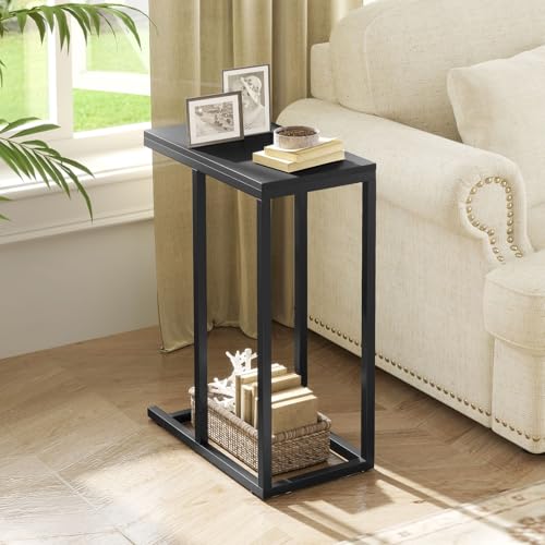 Giantex C Shaped End Table, Small Side Table for Sofa, Couch Table that Slide Under with Metal Frame, Industrial TV Tray Table for Small Spaces, C Table for Living Room Bedroom (2, Black) - color: Black
