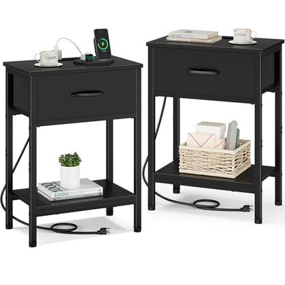 Vagusicc Nightstand Set of 2 with Charging Station, Bed Side Table with Fabric Drawer, Small End Table with 2-Tier Storage Shelves, 25.4" Tall Bedside Table, Black Night Stand for Bedroom, Living Room - color: Black (2 Pack)