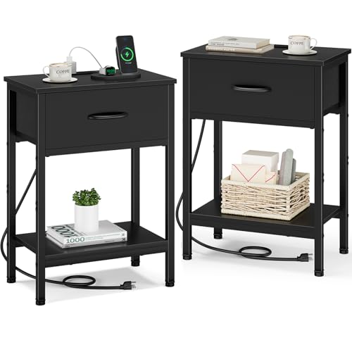 Vagusicc Nightstand Set of 2 with Charging Station, Bed Side Table with Fabric Drawer, Small End Table with 2-Tier Storage Shelves, 25.4" Tall Bedside Table, Black Night Stand for Bedroom, Living Room - color: Black (2 Pack)