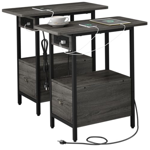 LIDYUK End Table with Charging Station, Narrow Side Table with Drawer and USB Ports & Power Outlets, Nightstand Bedside Tables for Small Spaces, Bedroom, Living Room, Dark Grey, Set of 2 - color: Dark Grey, size: Pack of 2