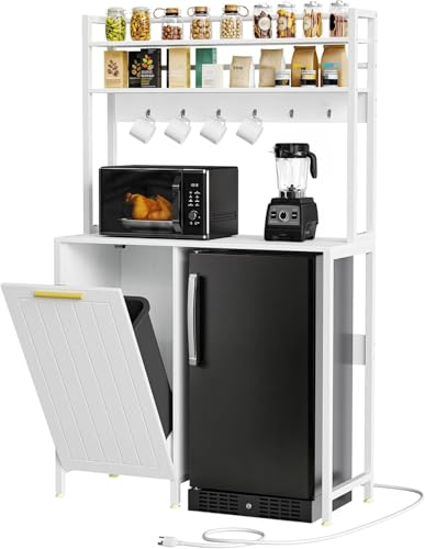 DWVO Fridge Stand with Tilt Out Trash Can Fit 10 Gallon | Storage Bakers, Kitchen Rack with Power Outlets, Freestadning Coffee Bar Cabinet, 3-Tiers Coffee Stand Station - style: Antique-White