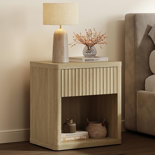 SICOTAS Night Stand with Large Drawer 24" Tall Fluted Modern Nightstands Wide Bedside Table for Bedroom Sofa Home Office, Nightstand with Spacious Storage Minimalist Design, Easy Assembly - color: Coastal Oak, size: 1 Piece