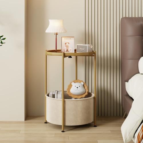 Small Round Side Table with Felt Storage Basket and Removable Tray | Accent Table, Metal End Table with Adjustable Feet, Side Table for Nursery, Bedroom, Living Room, Laundry Room, Gold - color: Gold