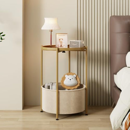 Small Round Side Table with Felt Storage Basket and Removable Tray | Accent Table, Metal End Table with Adjustable Feet, Side Table for Nursery, Bedroom, Living Room, Laundry Room, Gold - color: Gold