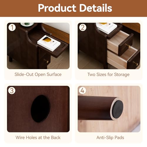 Narrow Nightstand with Drawers Set 2, Pre-Assembled Solid Wood Small Skinny Night Stand with Open Sliding Shelf Slim Bedside Table for Bedroom, Slim Side Table 2, Black Walnut, 8" - color: Black Walnut-2pack, size: 8"
