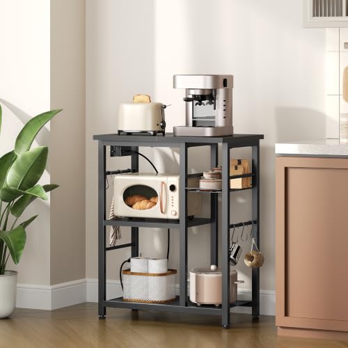 YATINEY Movable Bakers Rack, Microwave Stand with Charging Station, Kitchen Storage Rack with Hooks and Basket, Casters and Adjustable Feet, for Small Space, Kitchen, Dining Room, Black HB04UBB - color: Black