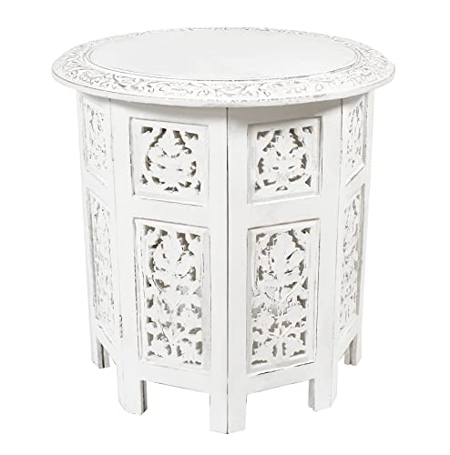 COTTON CRAFT Solid Wood Accent End Table - Hand Carved Vintage Boho Folding Side Table - Small Spaces Entryway Farmhouse Living Room Bedside - No Tools Assembly -18x18 Round - Jaipur Antique White - color: Antique White, size: 18x18x18