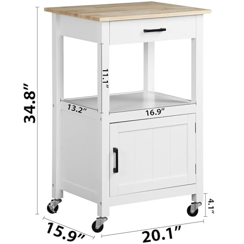 Nova Microdermabrasion Kitchen Island Cart on Wheels, Rolling Kitchen Cart with Single Door Cabinet, Mobile Small Coffee Cart Microwave Oven Cart Serving Cart for Dining Room, White
