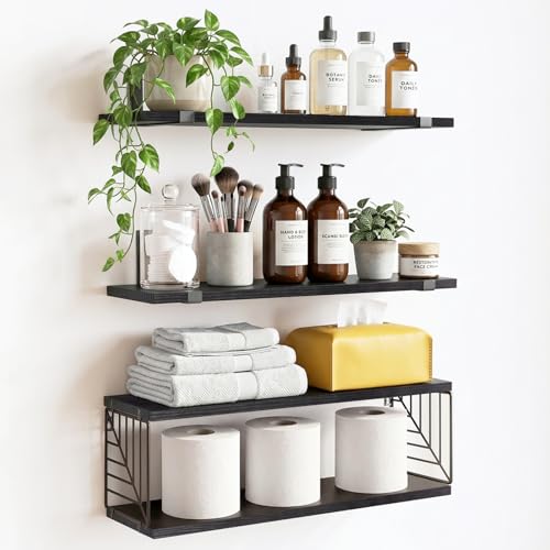 Fixwal 3+1 Tier Bathroom Floating Shelves Over Toilet, Black | Black Wood Shelf Set with Toilet Paper Storage Basket, Natural Finish, 40Lb Weight Limit, Quick Mount, Versatile - color: Black