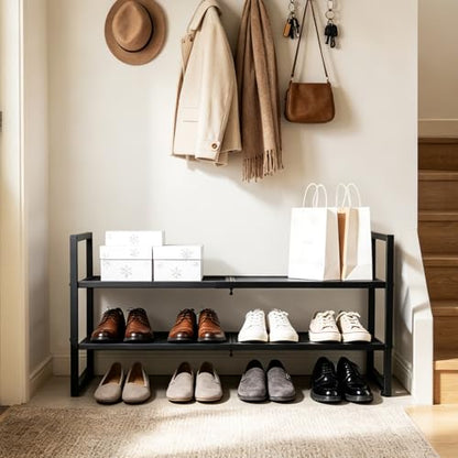 Expandable Shoe Rack, 2 Tier Adjustable Metal Shoe Shelf for Closet, Sturdy Free Standing Shoe Storage for Door Entrance, Bedroom, Small Spaces, Black - size: 2-Tier