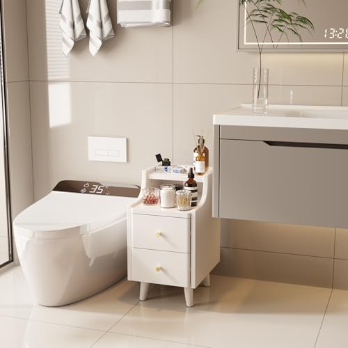 Narrow Nightstand with 2 Drawers,White Nightstand,Bedside Table,Solid Wood Modern Bedside Table for Bedroom,Study,Toilet - color: White, size: 15.75"D x 11.81"W x 22.32"H(2 Drawers)