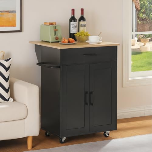 MAHANCRIS Kitchen Island on Wheels with Drop Leaf, Folding Countertop Kitchen Island Cart, Kitchen Islands Table with Towel Rack, Drawer, for Kitchen, Dining Room, Black and Natural KINB12501 - color: Black and Natural