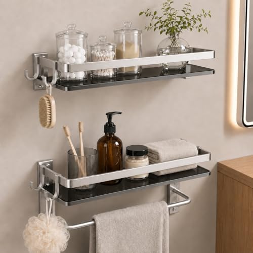 VOLPONE Glass Shelf for Bathroom 15.7 in Bathroom Shelves with Towel Bar Tempered Glass Shelves with 4 Removable Hooks for Wall（2 Tier） - style: 2 tier with towel bar-silver