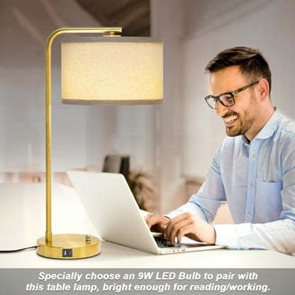 Fully Dimmable Bedside Lamp with C+A USB Ports, Mordern Gold Nightstand Lamp Desk Reading Lamp with Beige Drum Shade, Tall Side Table Lamp for Living Room Bedroom Office, 9W LED Bulb Included - color: Gold