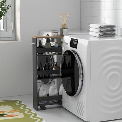 LOKO Slim Storage Cart, 4-Tier Rolling Cart with Handle & Wooden Top for Kitchen Bathroom Laundry Living Room Narrow Small Spaces, 5 Inches Width (Grey & Natural) - color: Grey & Natural