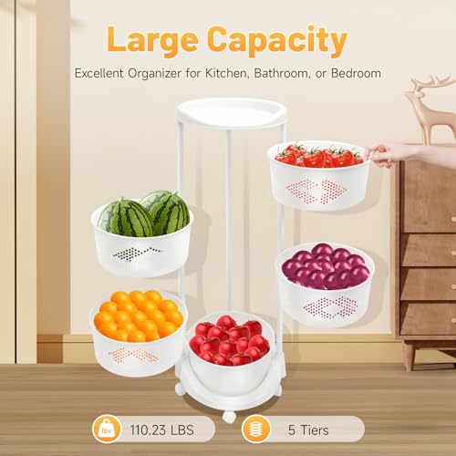 5-Tier Rotating Storage Rack, Round Kitchen Organizer Cart with Wheels for Fruit Vegetable, Multi-Layer Shelf for Bathroom Laundry Room, White