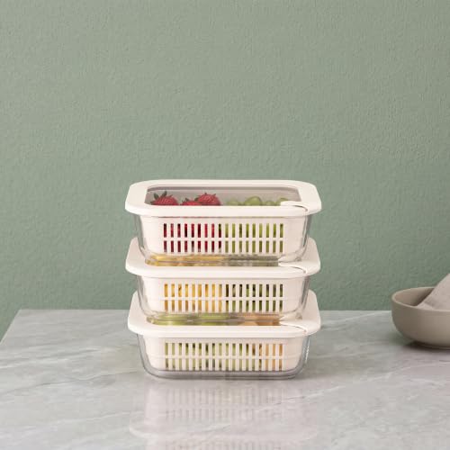 Urban Green Glass Food Storage Containers with Glass Lids, Microwave Safe Food Container Set, Aitight Meal Prep Container Set, BPA Free, 3 extra Colanders, LeakProof, 3 Pack of 35oz - color: Ivorywhite-3RT